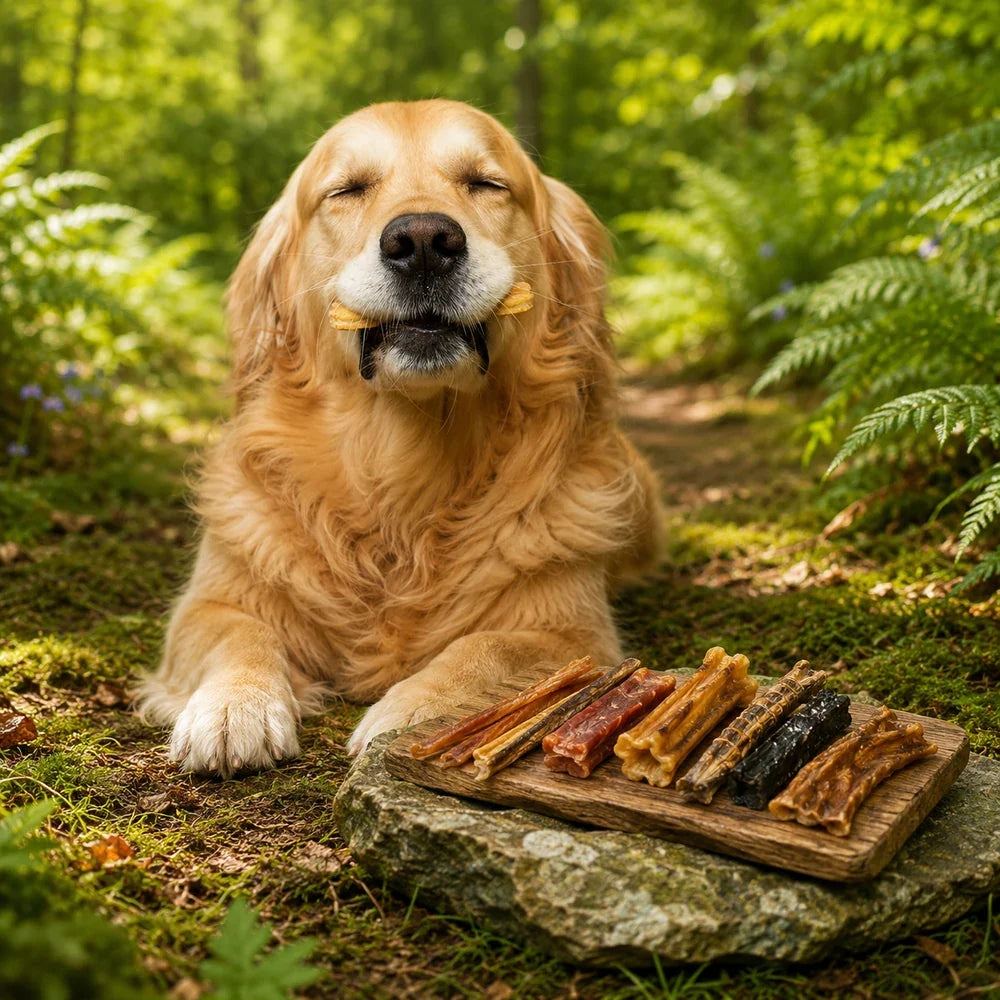 Golden retriever enjoying a natural dog treat beside a colourful woodland display of assorted dog treat samples for Fido’s Tasty Treats.