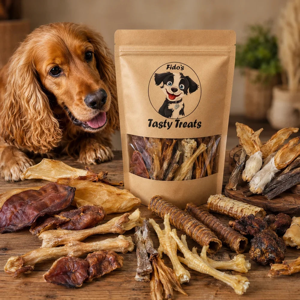 Cocker spaniel beside a Fido’s Tasty Treats bag with a clear window and a spread of natural dog chews on a wooden table.