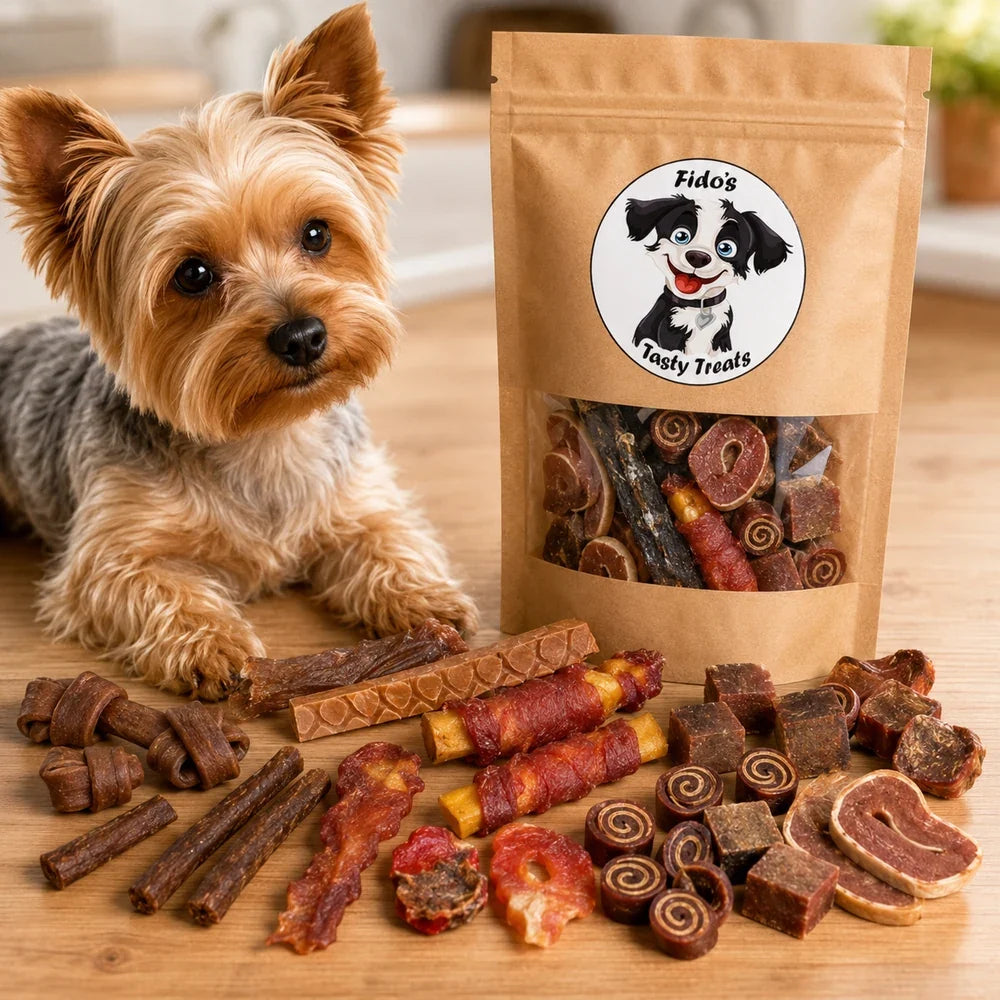 Yorkshire terrier beside a Fido’s Tasty Treats bag and a colourful tabletop selection of crafted dog treats, including strips, knots, rolls and wrapped chews.