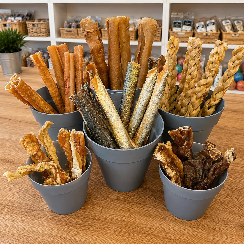 Five grey tubs filled with assorted tough and long-lasting dog chews displayed on a wooden table in Fido’s Tasty Treats shop.