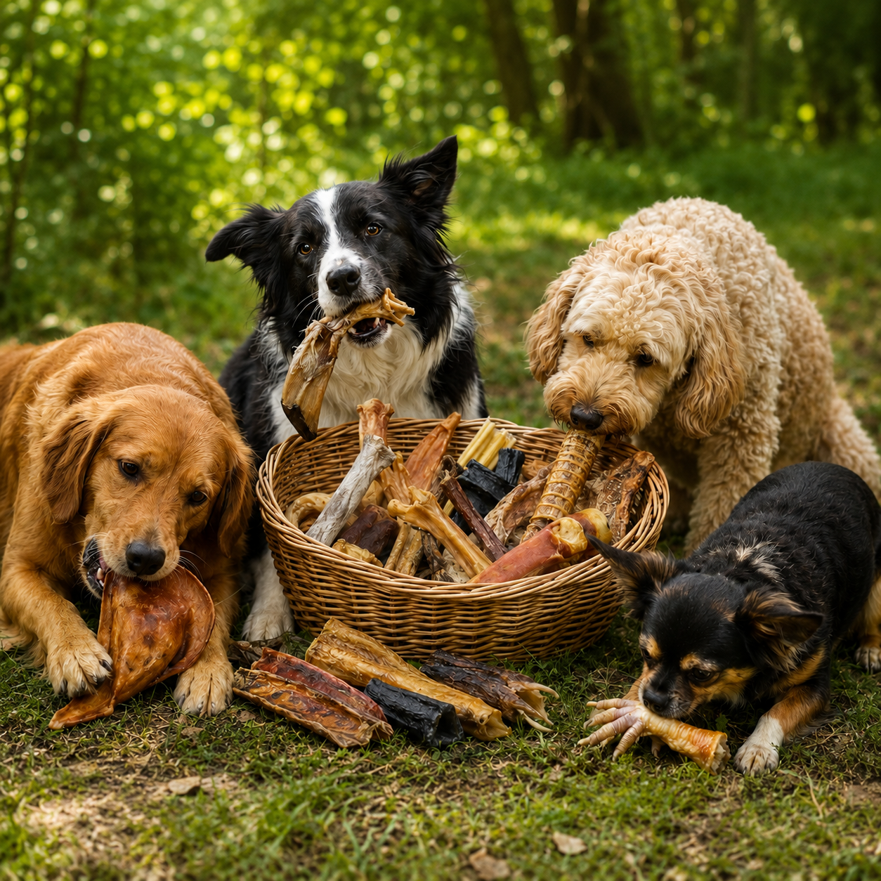 Four different dogs enjoying natural chews beside a wicker dog treat hamper in a colourful woodland clearing for Fido’s Tasty Treats.
