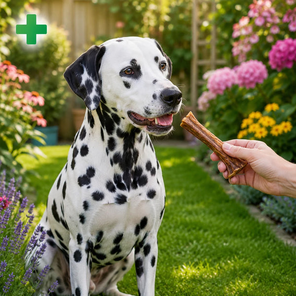 Dalmatian being offered a natural dog treat in a colourful garden, representing dog health and wellness treat choices.