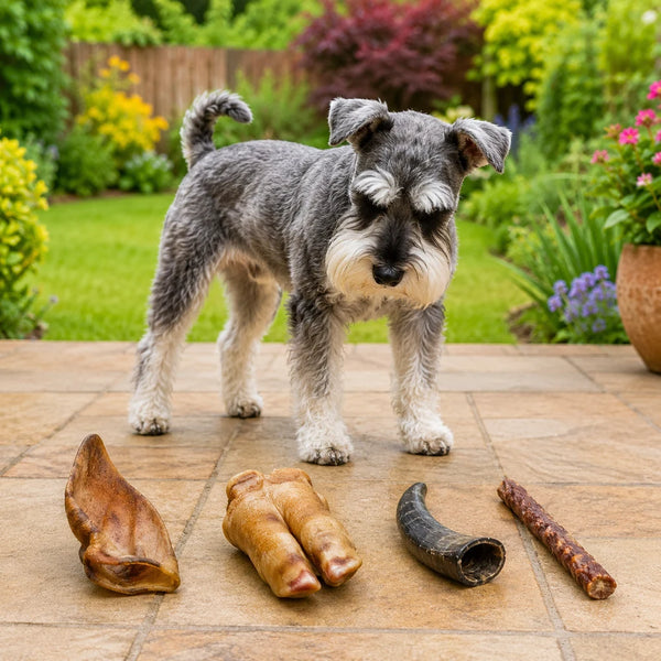 Schnauzer looking at a choice of natural dog treats on a tiled patio, including an ear, lamb trotter, buffalo horn and sausage stick, with a garden in the background.
