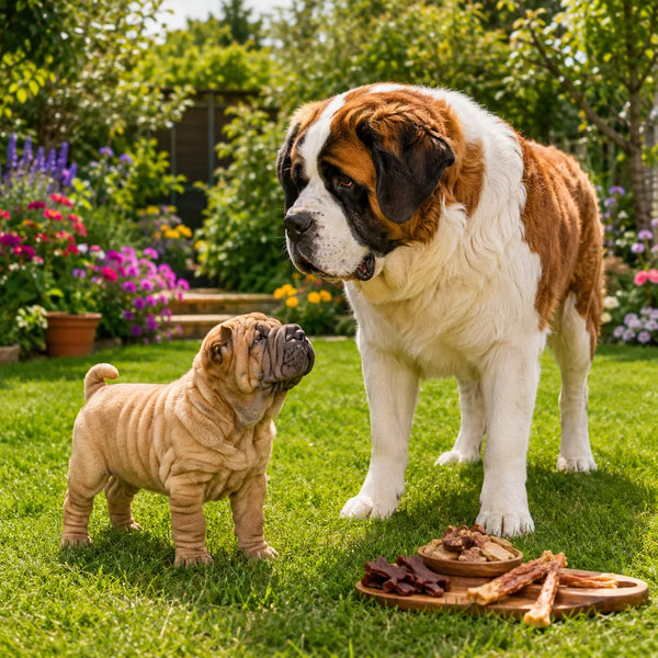 Shar-Pei puppy and St Bernard standing together on a lawn in a colourful garden beside natural dog treats, representing puppy and senior dog treat choices.