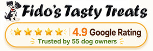 Fido’s Tasty Treats logo with 4.9 Google Rating badge trusted by 55 dog owners