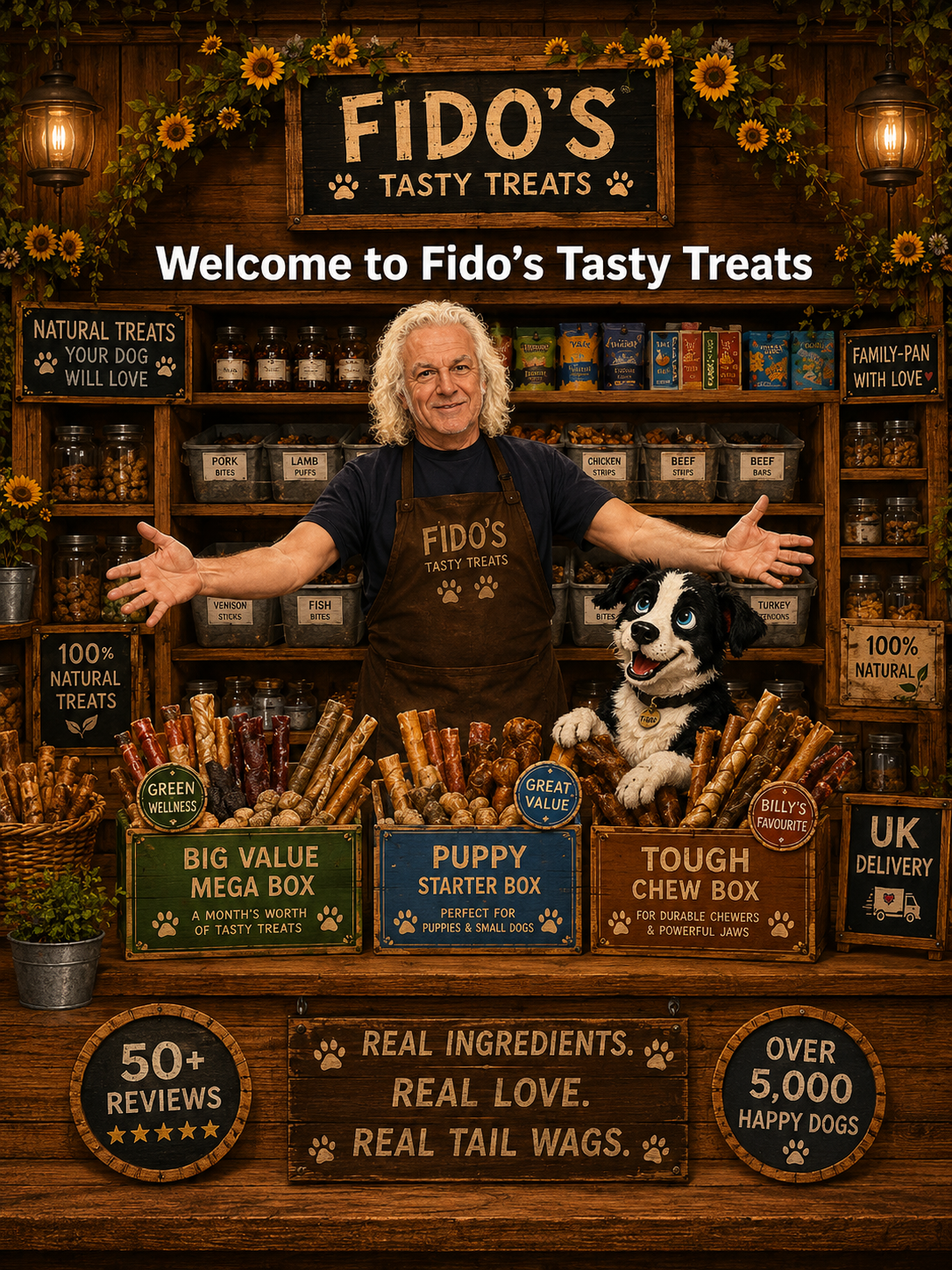 Fido's Tasty Treats main banner showing featured natural dog treat offers, 50 Google reviews and dog deli counter