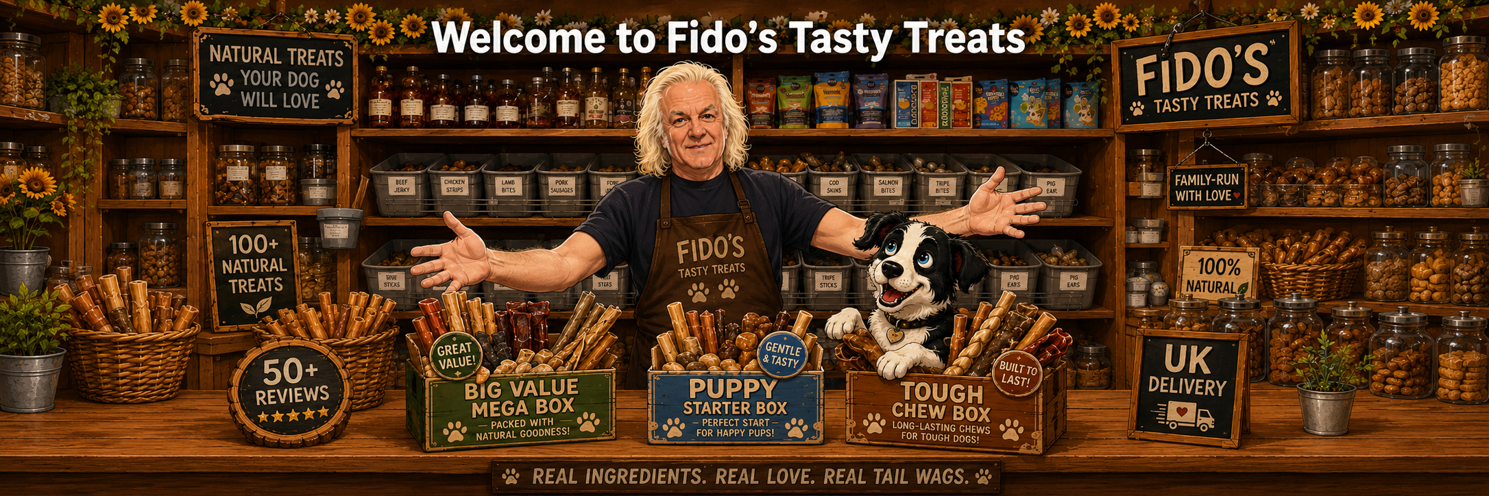 Fido's Tasty Treats main banner showing featured natural dog treat offers, 50 Google reviews and dog deli counter