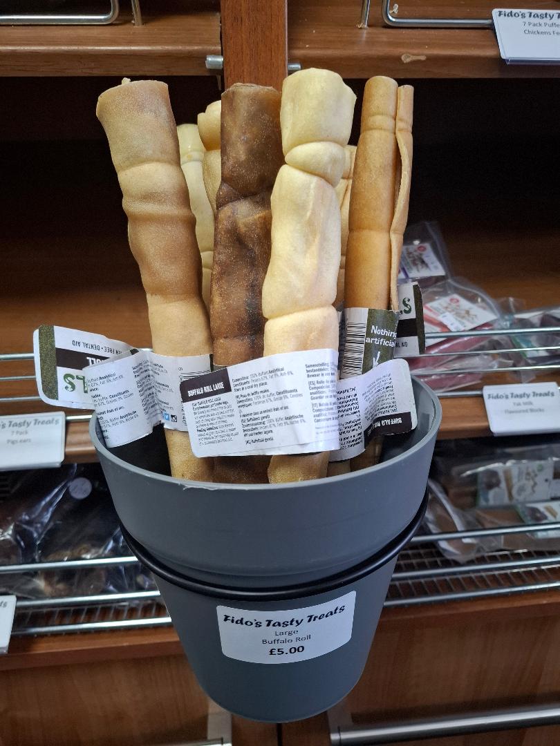 Bucket of Large Buffalo Rolls dog treats from Fido's Tasty Treats
