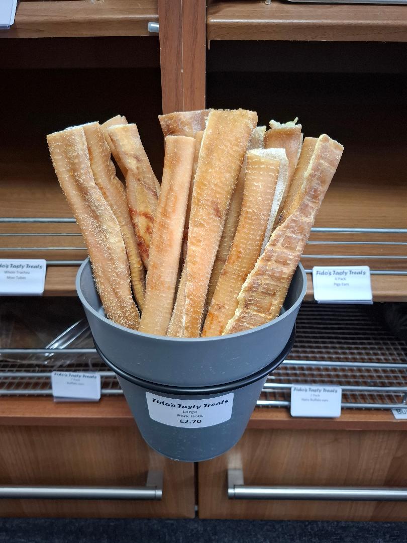 Bucket of Large Pork Rolls dog treats from Fido's Tasty Treats