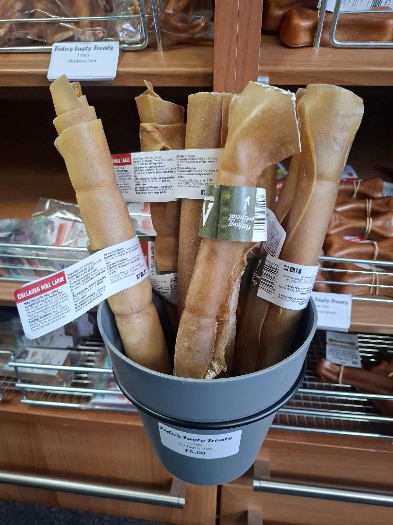 Bucket of Large Collagen Rolls dog treats from Fido's Tasty Treats
