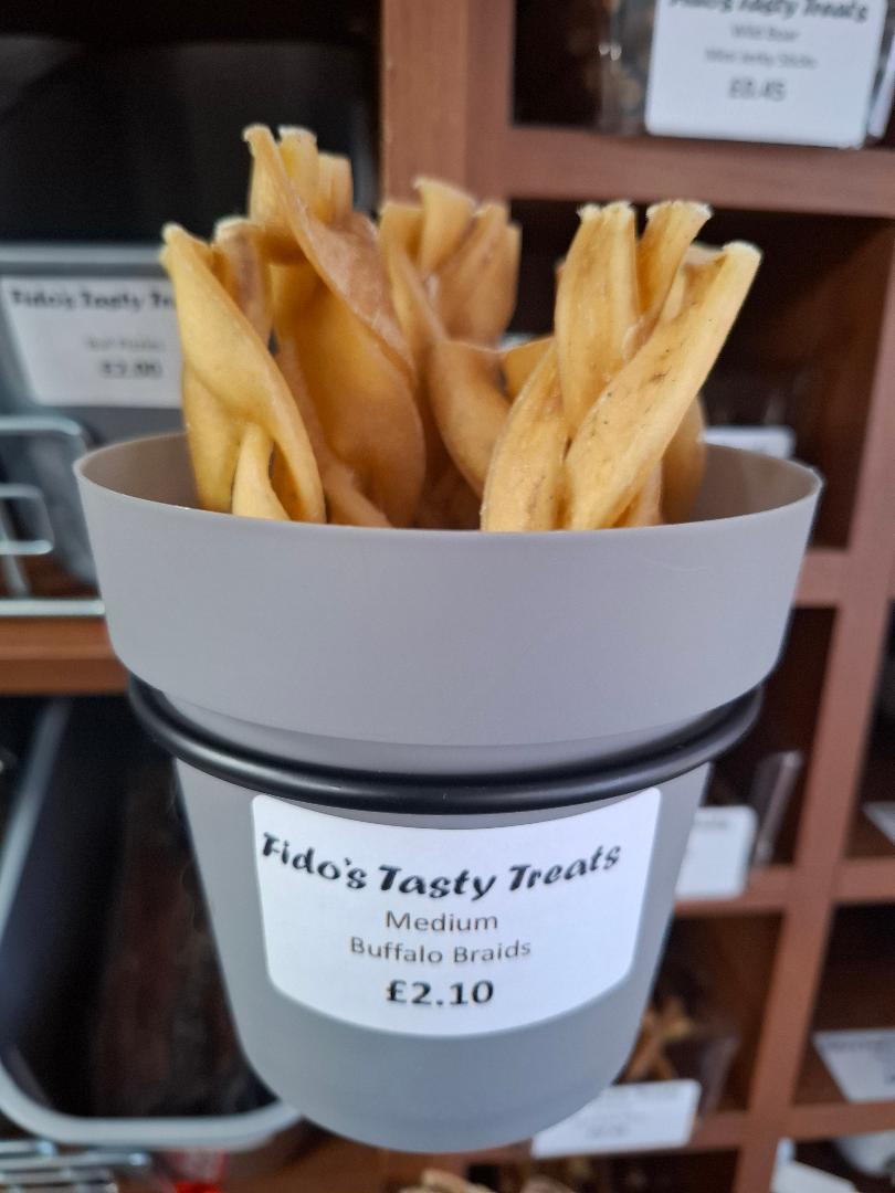 Bucket of M dog treats from Fido's Tasty Treatsdium Buffalo Braids