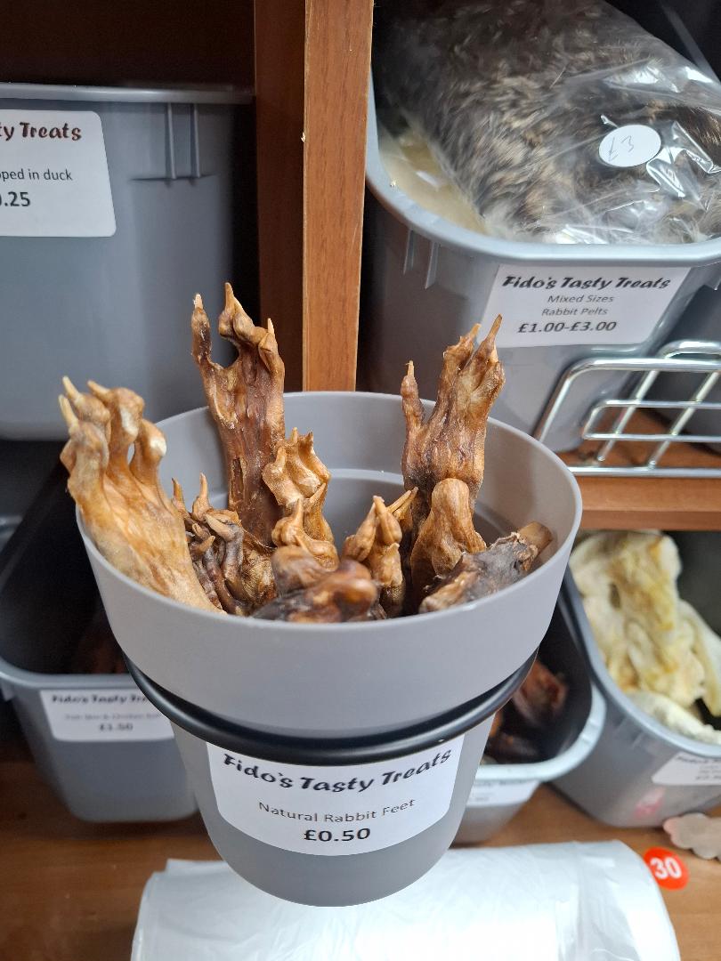 Bucket of Natural Rabbit Feet dog treats from Fido's Tasty Treats